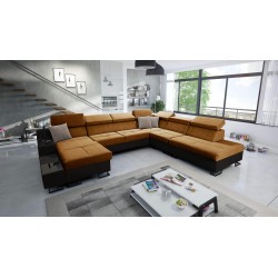 U-shaped corner sofa Avanti X with sleeping function and USB lamp | Velvet, Whisper 9 + Black Eco-leather