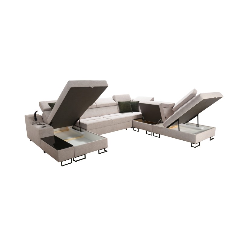 Sofá esquinero en forma de U Avanti X con función de cama y lámpara USB | Terciopelo, Whisper 9 + Ecopiel negra