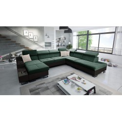 U-förmiges Sofa Avanti X mit Schlaffunktion und USB-Lampe | Samt, Whisper 11 + Schwarzes Kunstleder