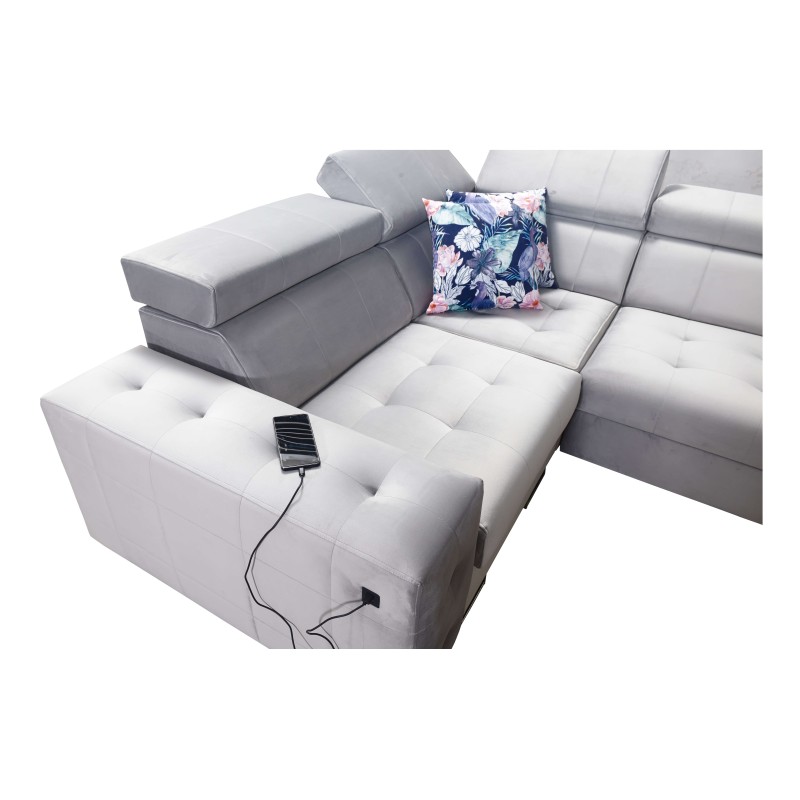 Narożnik Fusion IV z pikowanym siedziskiem, funkcją spania i portem USB | Welur | Hydrofobowa, Magic Velvet 2221