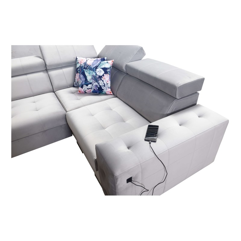 Fusion IV Corner Sofa with Quilted Seat, Sleeping Function, and USB Port | Velvet | Hydrophobic, Magic Velvet 2219
