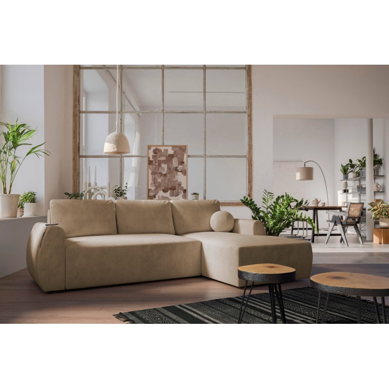 Nilo corner sofa with sleeping function and USB port in Velvet fabric, Wave 4 - Comfort and style in one