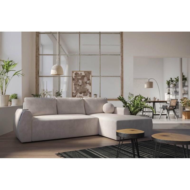 Nilo corner sofa with a sleeping function and USB port in Velvet fabric, Wave 2 - Comfort and style in one