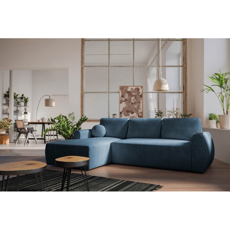 Nilo corner sofa with sleeping function and USB port in Velvet fabric, Wave 14 - Comfort and style in one
