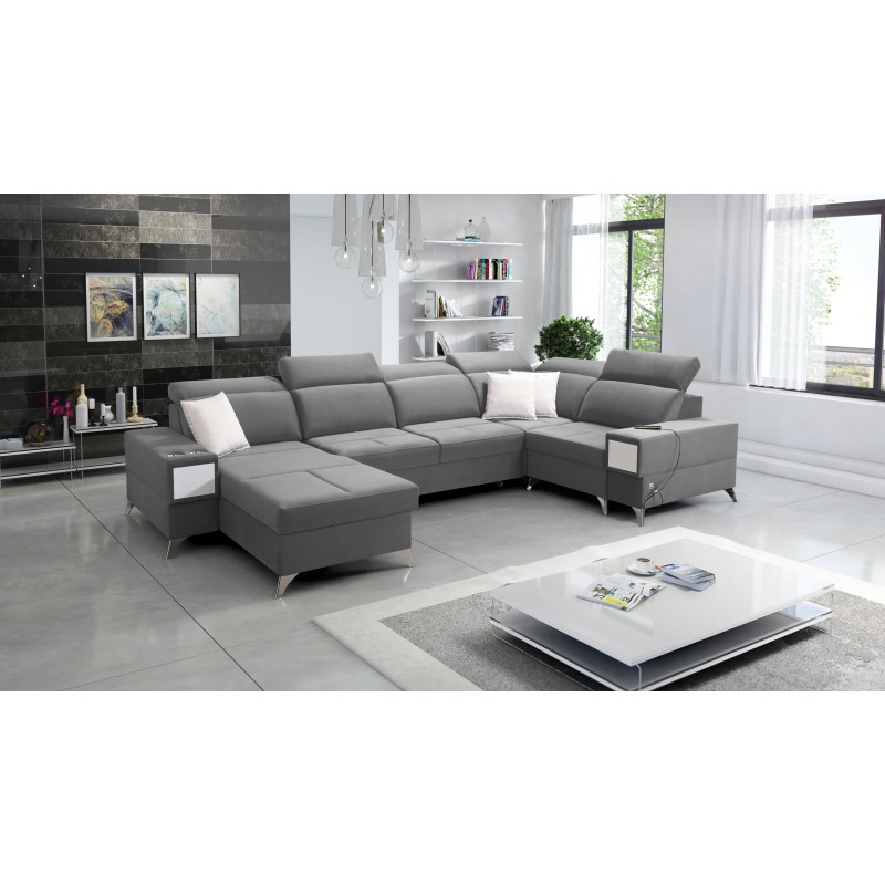 Sofá esquinero en forma de U Porto IV con función de cama - alta calidad de tela de terciopelo | Hidrófobo, Casablanca 2314