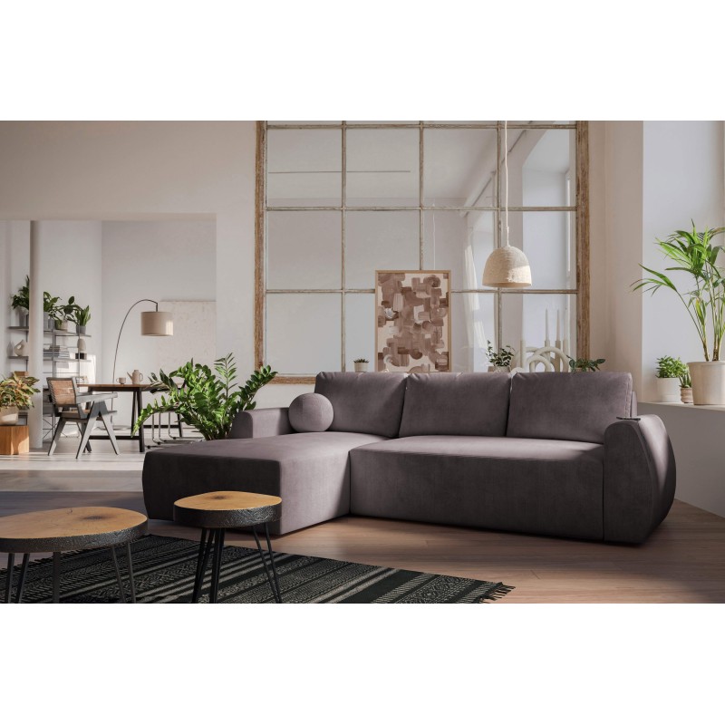 Nilo corner sofa with sleeping function and USB port in Velour fabric, Wave 10 - Comfort and style in one