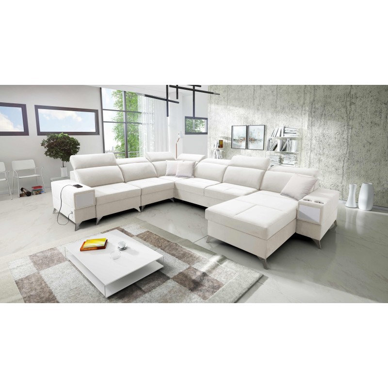 Sofá esquinero en forma de U Porto VIII con función para dormir y puerto USB | Mueble en tela de terciopelo | Hidrofóbico, Casab