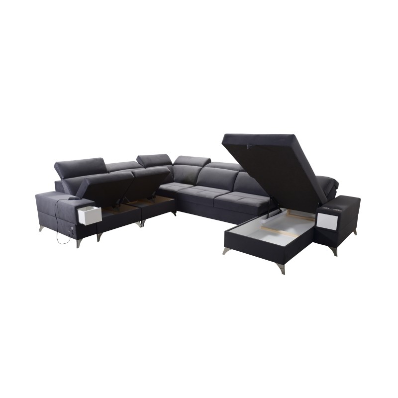U-shaped sectional sofa Porto VIII with a sleeping function and USB port | Furniture in Velour fabric | Hydrophobic, Casablanca