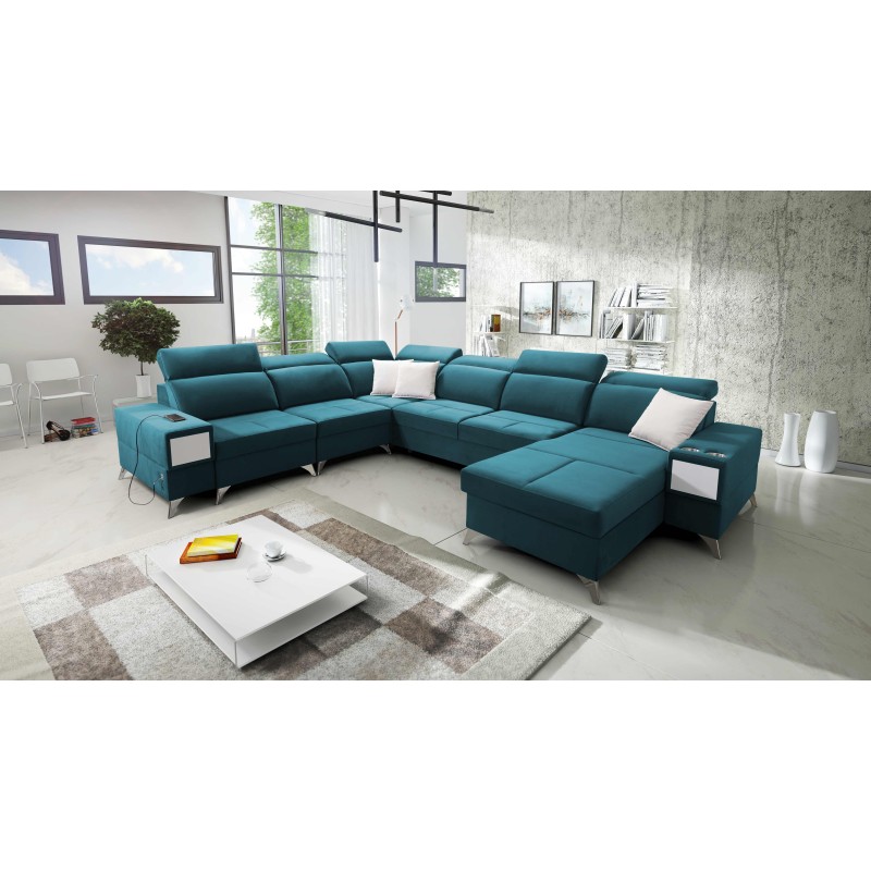 U-förmiges Ecksofa Porto VIII mit Schlaffunktion und USB-Anschluss | Möbel in Veloursstoff | Hydrophob, Casablanca 2313