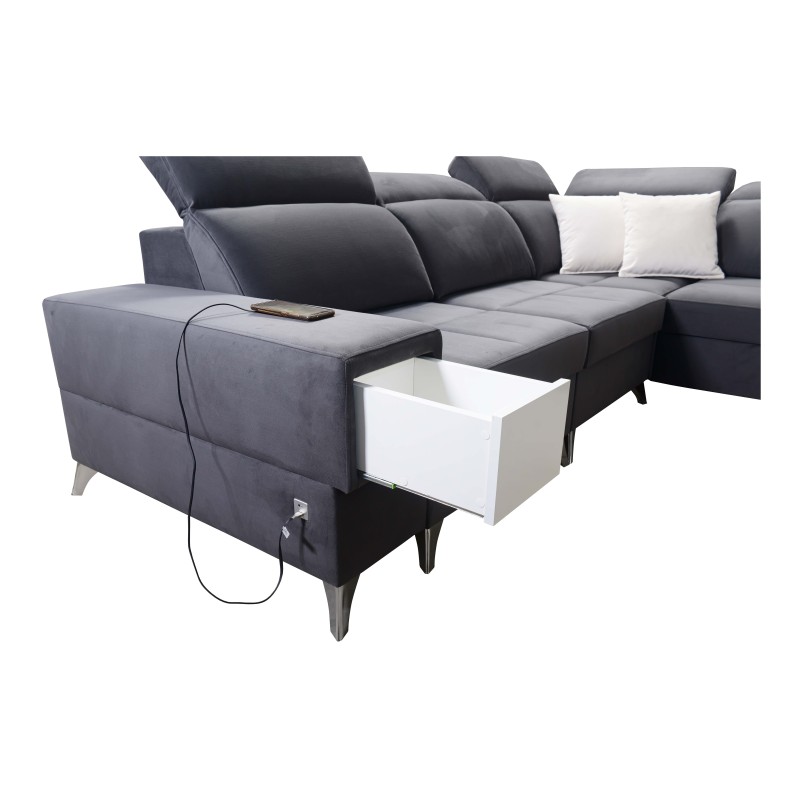 U-förmiges Ecksofa Porto VIII mit Schlaffunktion und USB-Anschluss | Möbel in Samtstoff | Hydrophob, Casablanca 2316