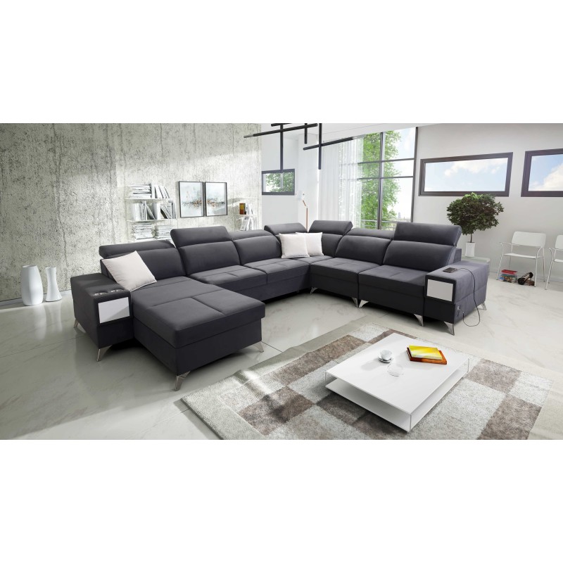 U-förmiges Ecksofa Porto VIII mit Schlaffunktion und USB-Anschluss | Möbelstück in Samtstoff | Hydrophob, Casablanca 2315