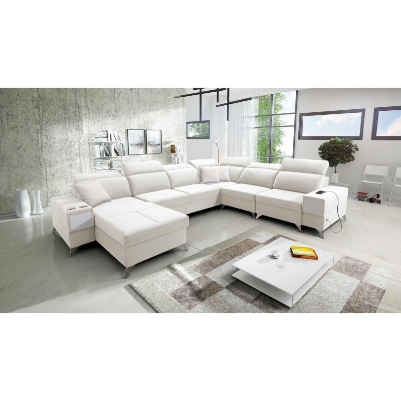 Sofá esquinero en forma de U Porto VIII con función para dormir y puerto USB | Mueble en tela de terciopelo | Hidrofóbico, Casab