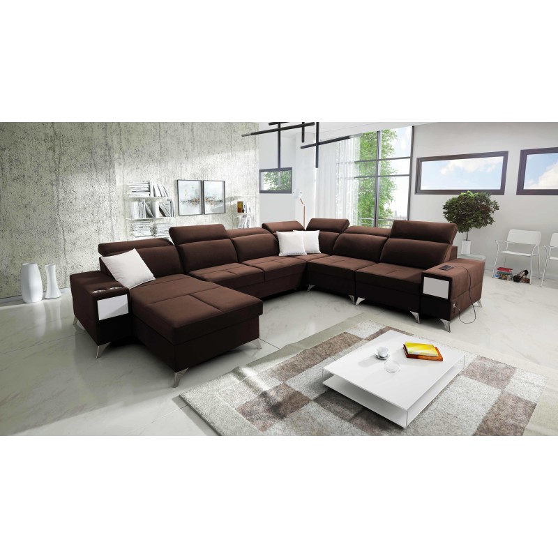 U-shaped Porto VIII sectional sofa with a sleeping function and USB port | Furniture in Velvet fabric | Hydrophobic, Casablanca