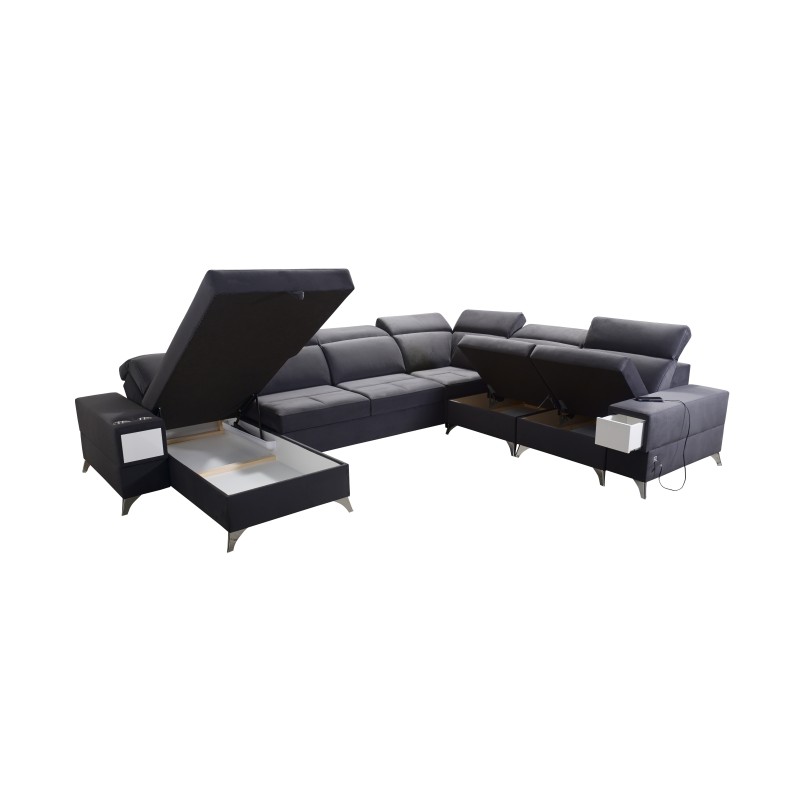 U-shaped Porto VIII sectional sofa with a sleeping function and USB port | Furniture in Velvet fabric | Hydrophobic, Casablanca