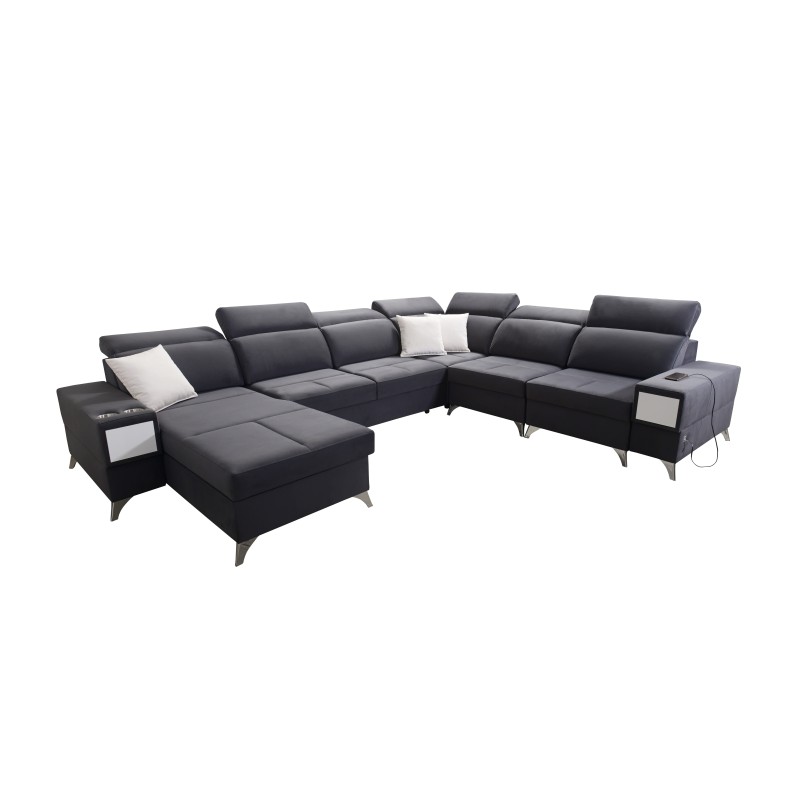 U-shaped Porto VIII sectional sofa with a sleeping function and USB port | Furniture in Velvet fabric | Hydrophobic, Casablanca