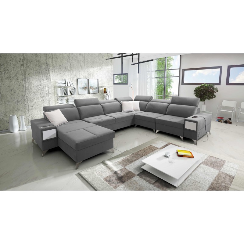 U-förmiges Ecksofa Porto VIII mit Schlaffunktion und USB-Anschluss | Möbelstück aus Veloursstoff | Hydrophob, Casablanca 2314