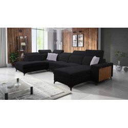 Sofá esquinero en forma de U Alto VI con lamas, función de cama y reposacabezas ajustables Plecionka, Sawana 14.