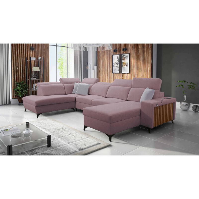 U-shaped corner sofa Alto VI with slats, sleeping function, and adjustable headrests in Plecionka, Sawana 61