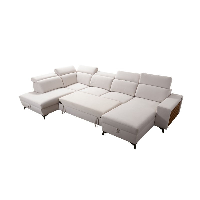 U-shaped corner sofa Alto VI with slats, sleeping function, and adjustable headrests in Plecionka, Sawana 61
