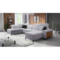 Sofá esquinero en forma de U Alto VI con láminas, función de cama y reposacabezas ajustables Plecionka, Sawana 84