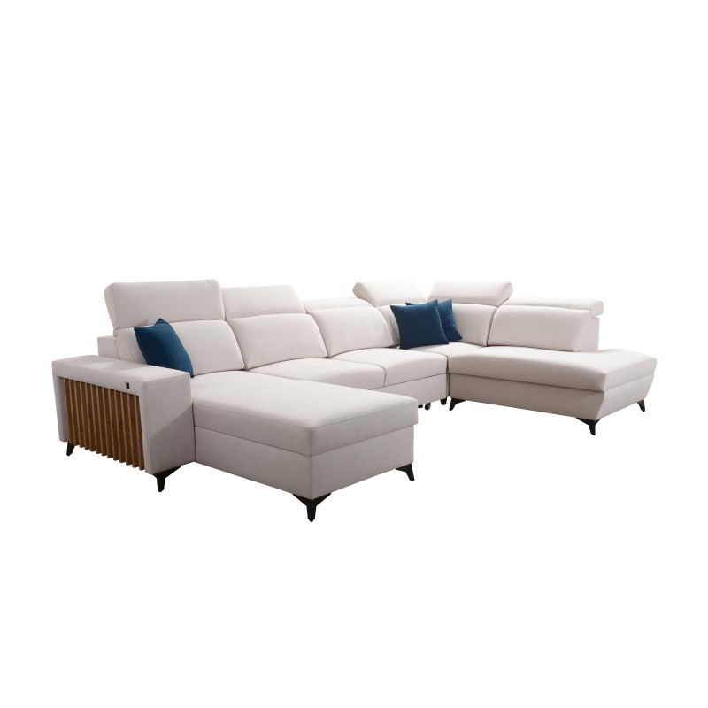 U-shaped corner sofa Alto VI with slats, sleeping function, and adjustable headrests in Plecionka, Sawana 61