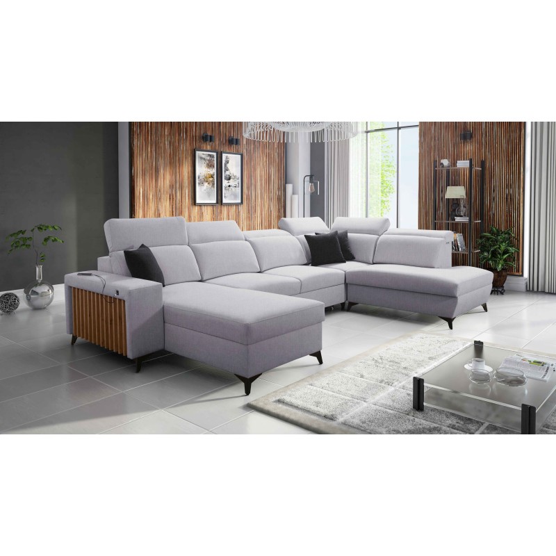 U-shaped Alto VI sectional with slats, sleeping function, and adjustable headrests in Plecionka, Sawana 84