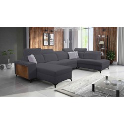 U-shaped corner sofa Alto VI with slats, sleeping function, and adjustable headrests in Weave, Sawana 96.