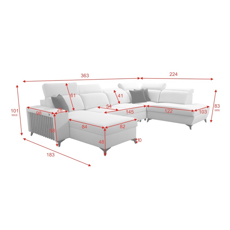 U-shaped corner sofa Alto VI with slats, sleeping function, and adjustable headrests in Weave, Sawana 96.