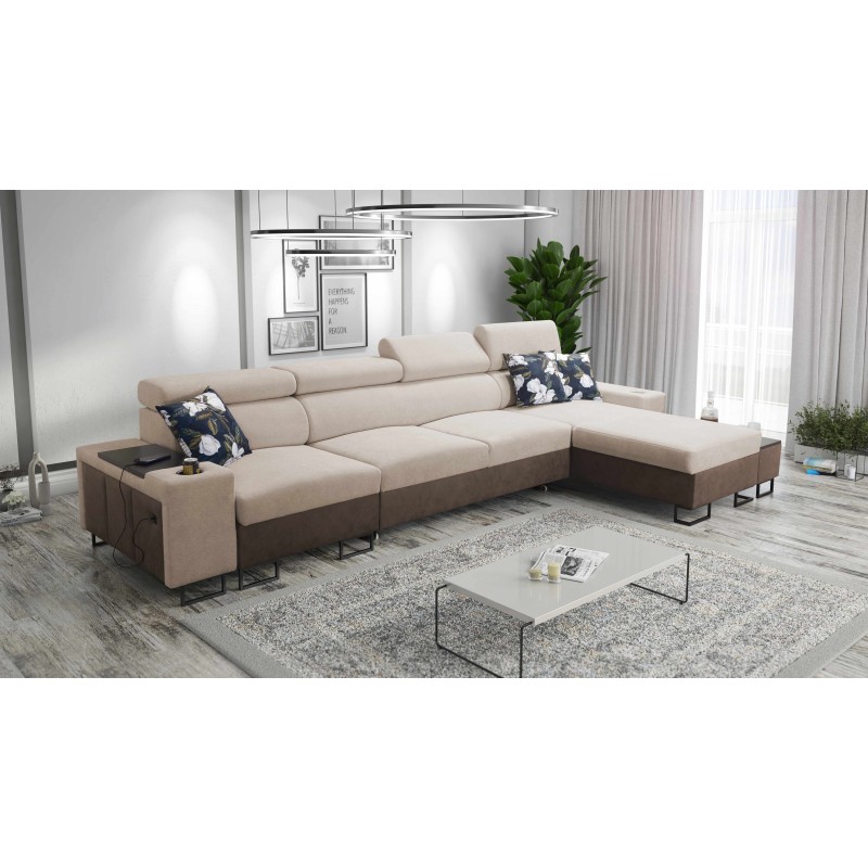 Prestige XII Maxi corner sofa with a sleeping function, USB port in Soft-touch fabric, Freya 210.04 + Tauro 8202 | Your living r