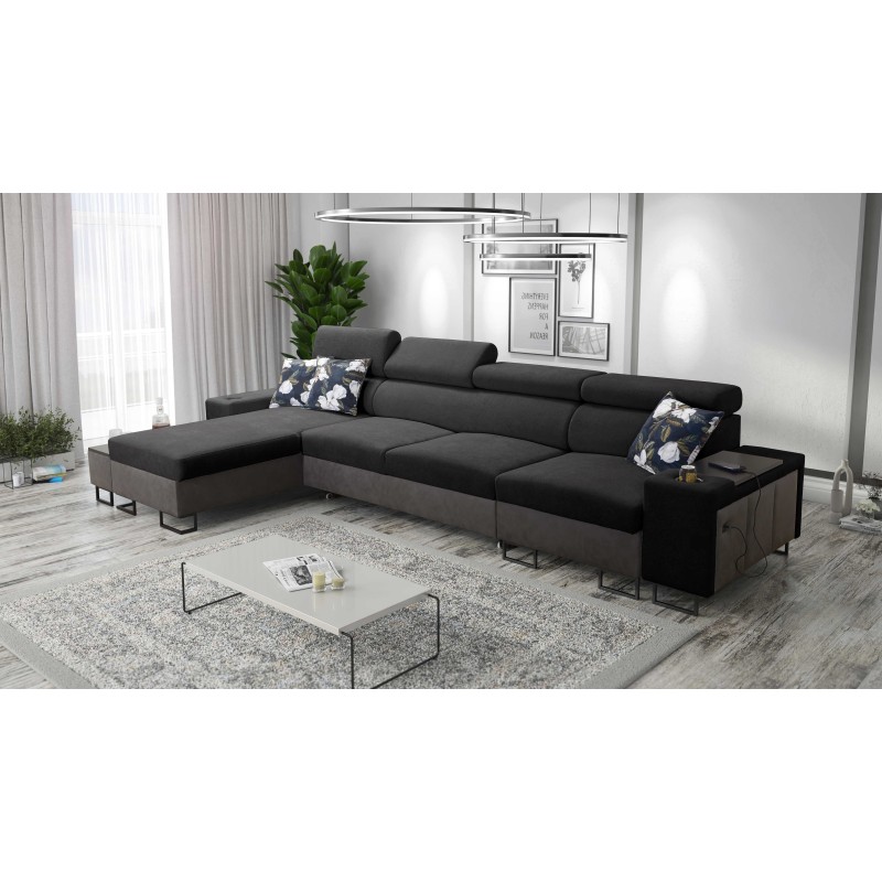 Prestige XII Maxi corner sofa with sleeping function, USB port in Soft Touch fabric, Freya 210.25 + Tauro 8207 | Your living roo
