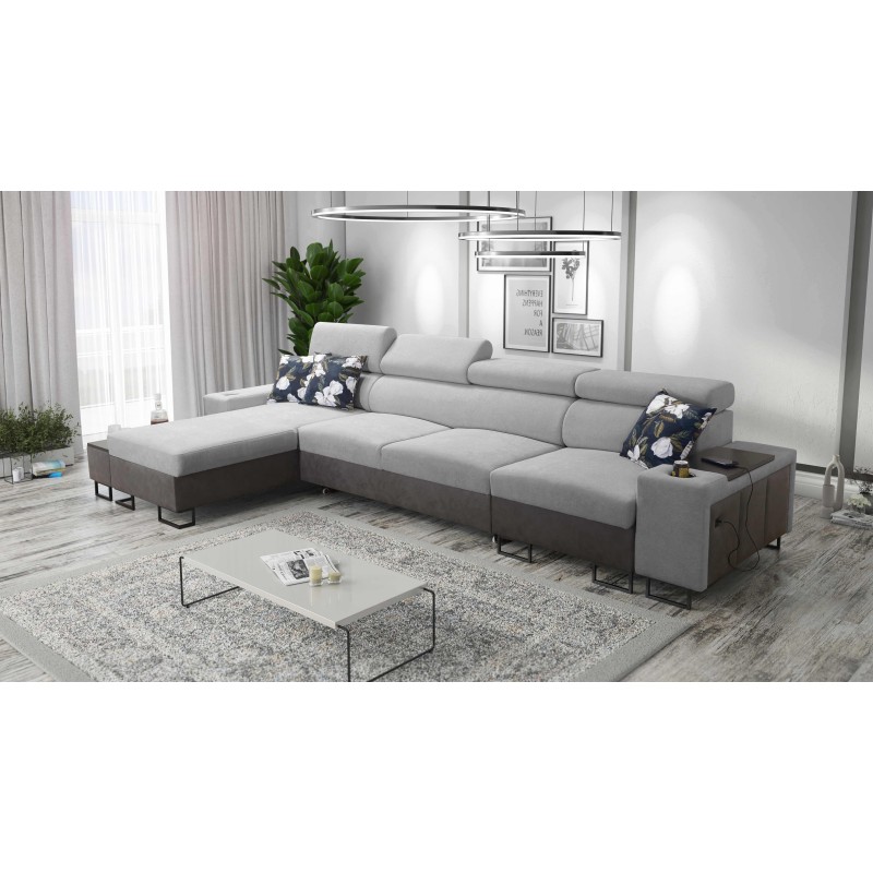 Prestige XII Maxi corner sofa with a sleeping function, USB port in Soft Touch fabric, Freya 210.20 + Tauro 8207 | Your living r