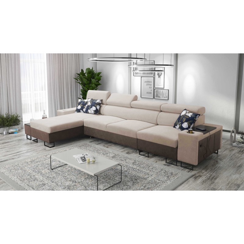 Prestige XII Maxi corner sofa with a sleeping function, USB port in Soft-touch fabric, Freya 210.04 + Tauro 8202 | Your living r