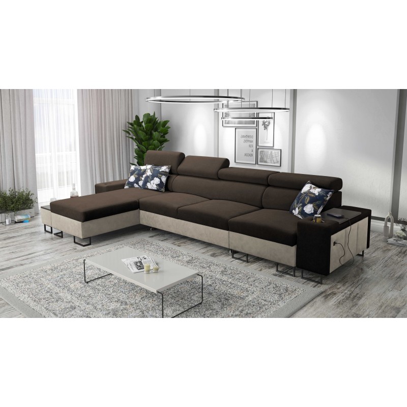 Prestige XII Mini corner sofa with sleeping function and USB port, Soft-touch fabric, Freya 210.08 + Tauro 8203 | Your Comfort P