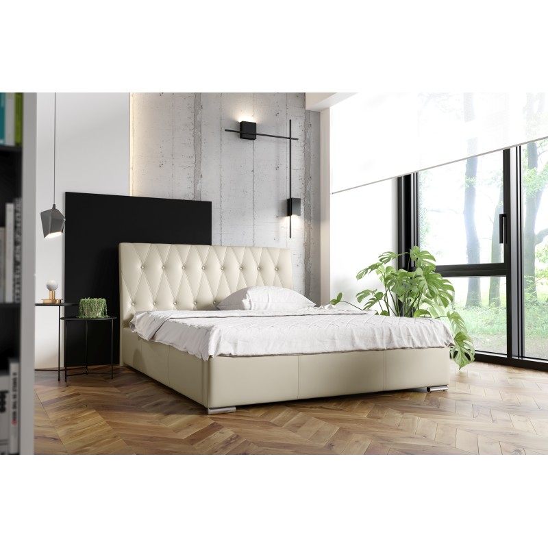 Cama tapizada Salerno con contenedor para ropa de cama, tela de cuero ecológico, Soft 33 | Cama elegante y práctica para tu dorm