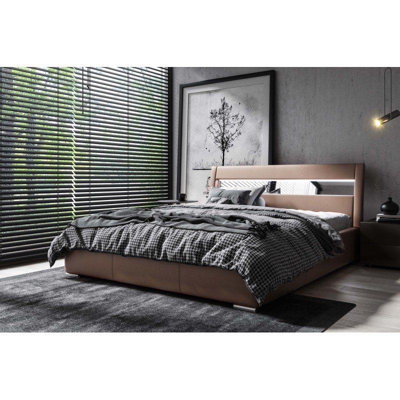 Cama tapizada de lujo Novara con contenedor para ropa de cama | Cuero ecológico, Soft 30 | Superficie de descanso 120x200