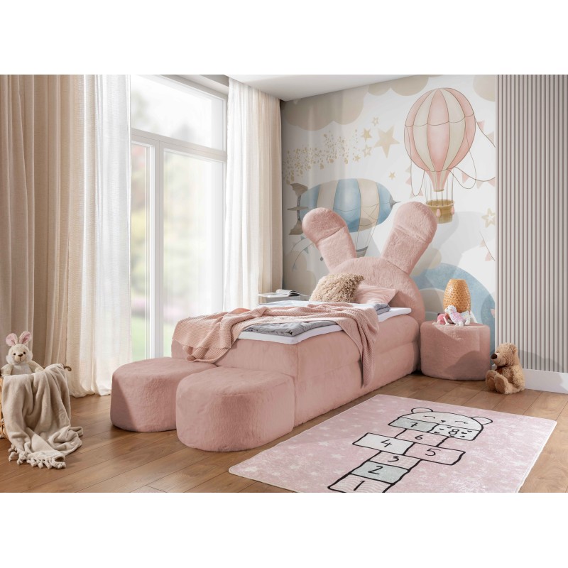 Rabbit children's bed with a bedding container, poufs, and a table in fabric nan 203.01 – sleep comfort for your child