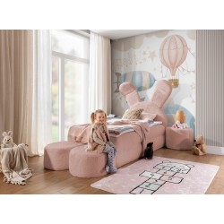 Rabbit children's bed with a bedding container, poufs, and a table in fabric nan 203.01 – sleep comfort for your child