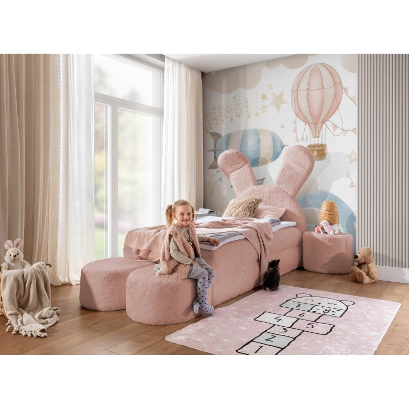 Rabbit children's bed with a bedding container, poufs, and a table in fabric nan 203.01 – sleep comfort for your child