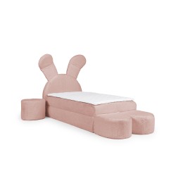 Rabbit children's bed with a bedding container, poufs, and a table in fabric nan 203.01 – sleep comfort for your child