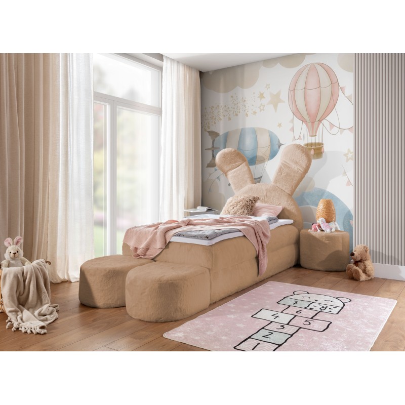 Rabbit children's bed with a bedding container, poufs, and a table in fabric nan 203.01 – sleep comfort for your child