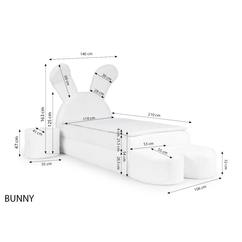 Rabbit children's bed with a bedding container, poufs, and a table in fabric nan 203.01 – sleep comfort for your child