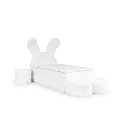 Rabbit children's bed with a bedding container, poufs, and a table in fabric nan 203.01 – sleep comfort for your child