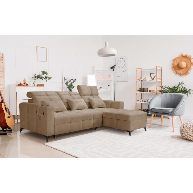 Luxury Zeni Corner Sofa with Sleeping Function in Velvet Fabric, Wave 4 | Your Place for Comfort