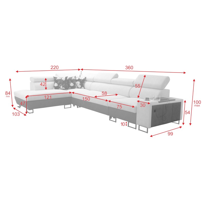 Ecksofa Prestige XI Maxi mit Schlaffunktion und USB-Anschluss | Gepolsterte Ecksofa Weich im Griff, Freya 210.04 + Tauro 8202
