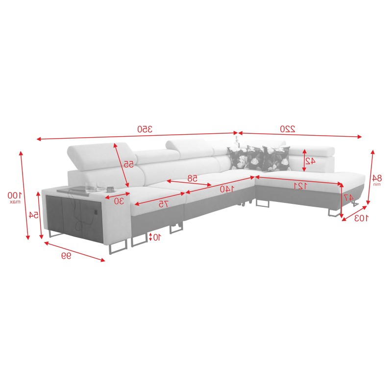 Prestige XI Mini corner sofa with sleeping function and USB port - Soft to the touch, Freya 210.25 + Tauro 8207