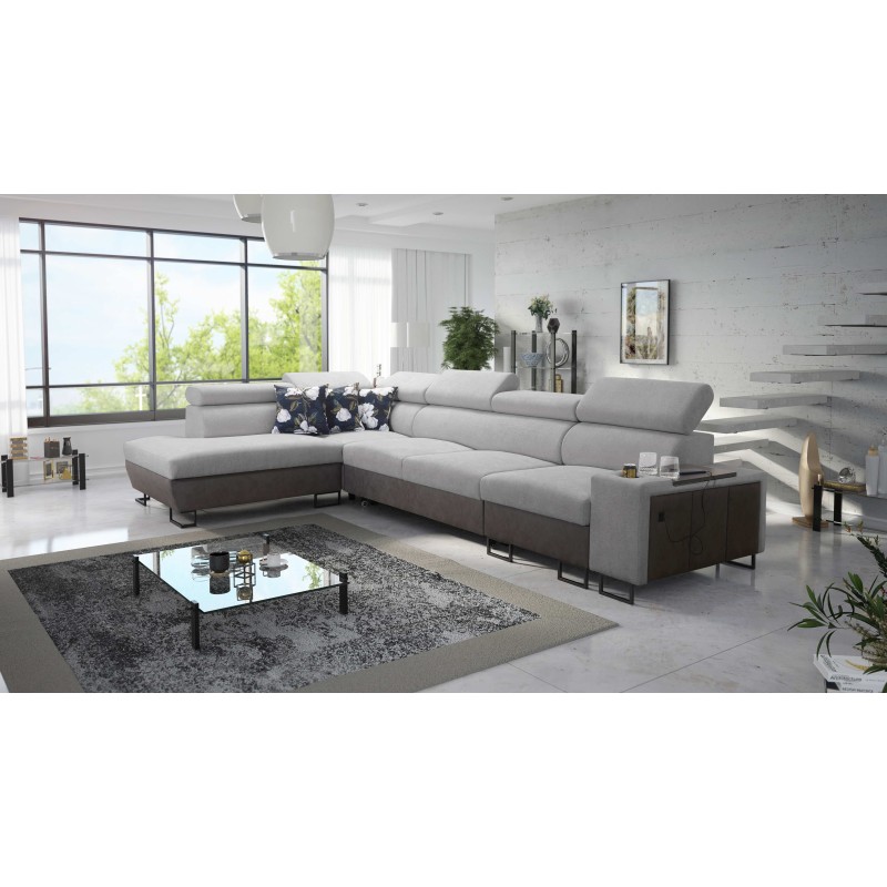 Prestige XI Mini corner sofa with sleeping function and USB port - Soft to the touch, Freya 210.20 + Tauro 8207