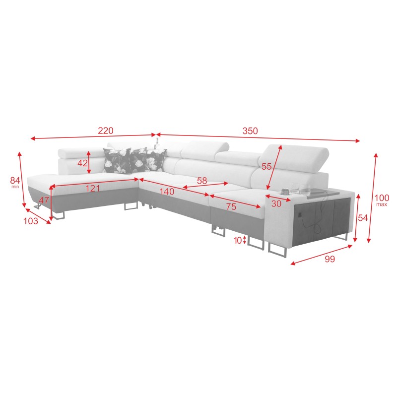 Prestige XI Mini corner sofa with sleeping function and USB port - Soft to the touch, Freya 210.08 + Tauro 8203