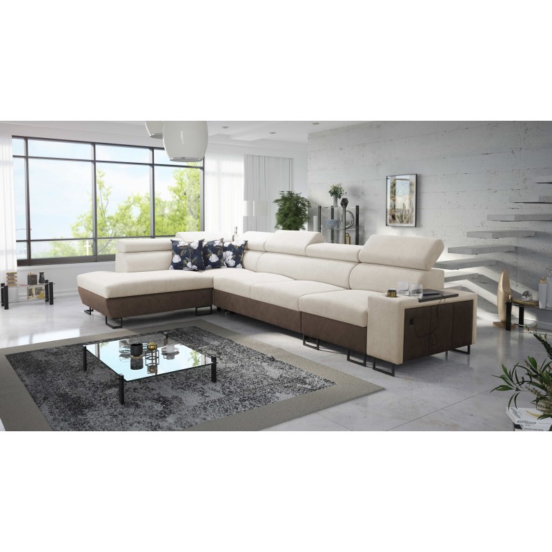 Prestige XI Mini corner sofa with sleeping function and USB port - Soft to the touch, Freya 210.02 + Tauro 8202