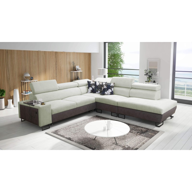 Prestige IX corner sofa with sleeping function and USB port - Soft to the touch, Freya 210.11 + Tauro 8207