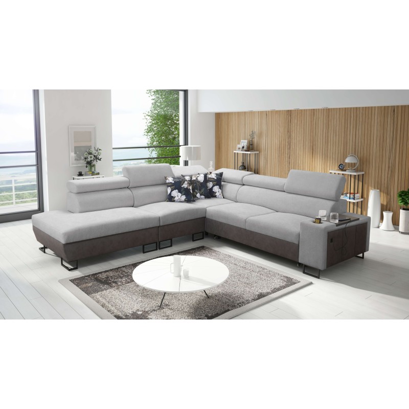 Prestige IX corner sofa with sleeping function and USB port - Soft to the touch, Freya 210.20 + Tauro 8207
